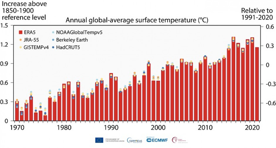Wykres obrazujący roczny poziom globalnego wzrostu temperatury/fot. Copernicus Climate Change Service/ECMWF