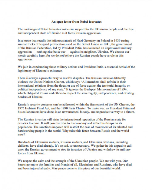 List otwarty laureatów Nagrody Nobla przeciwko wojnie w Ukrainie / NlCampaigns