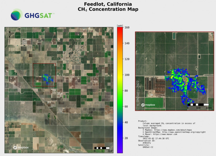 Zdjęcia satelitarne metanu pochodzącego z kalifornijskich farm/fot. GHGSat