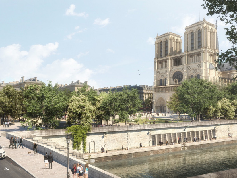 Odbudowa katedry Notre Dame - widok na promenadę nad Sekwaną / Bureau Bas Smets