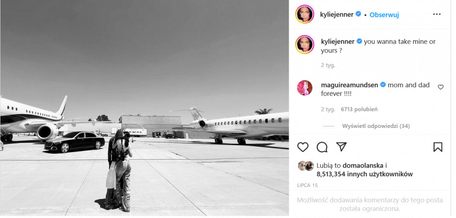 Kylie Jenner i jej kontrowersyjny post na Instagramie dotyczący prywatnych odrzutowców, fot. screen Instagram
