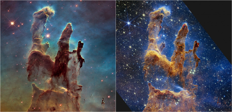 Porównanie zdjęć wykonanych przez teleskop Hubble'a (po lewej) i Webba (po prawej), fot. NASA