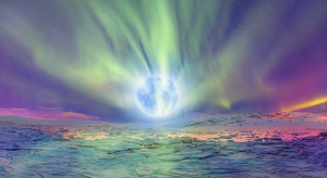 Pełnia Księżyca w grudniu 2022 / Zdjęcie pełni Księżyca na tle Zorzy Polarnej w Norwegii - Shutterstock