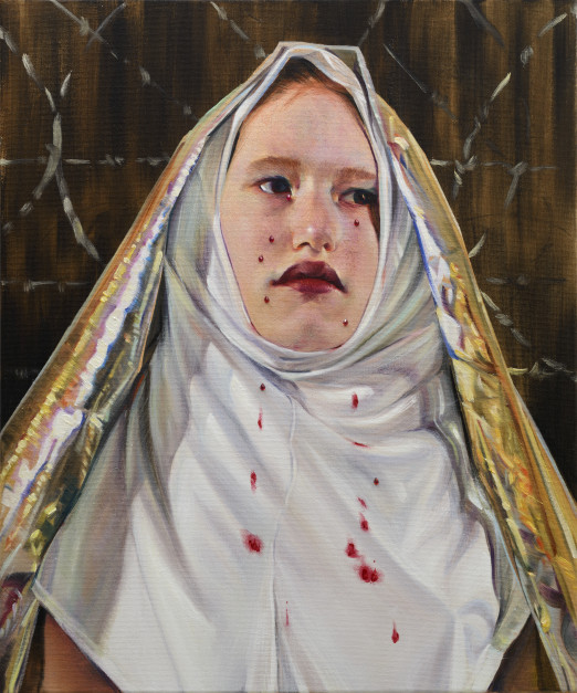 Agata Kus, Łzy dziewczyny, olej, rubiny naturalne na płótnie, 60 x 50 cm, 2022 / Krupa Gallery