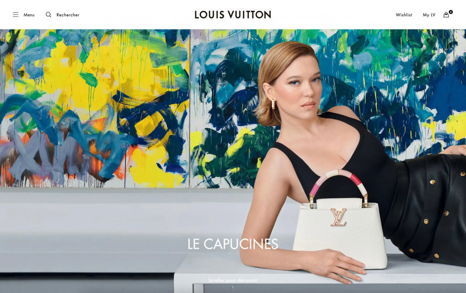 Oficjalna strona internetowa Louis Vuitton, na której w połowie lutego 2023 roku prezentowana była reklama LV z wykorzystaniem obrazu Joan Mitchell / screen ze strony louisvuitton.com