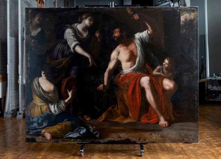 Hércules e Ônfale, de Artemisia Gentileschi, quase totalmente restaurado pelo conservador sênior de pinturas da Getty, Ulrich Birkmaier. Hércules e Ônfale, por volta de 1635-37. Artemisia Gentileschi (Itália, 1593-1654). Coleções do Palácio Sursock, Beirute, Líbano. © 2025 J. Paul Getty Trust