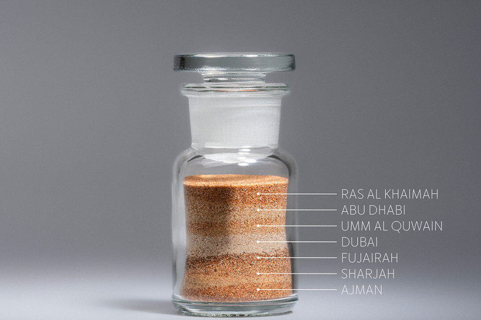 Areias do deserto dos Emirados Árabes Unidos contidas em uma garrafa / materiais de imprensa Ahmed Seddiqi & Sons x Ressence