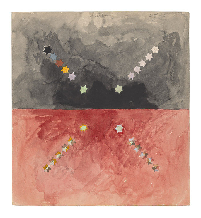 Hilma af Klint. No. A from The Atom Series. January 9, 1917. Watercolor, pencil, and metallic paint on paper / MoMA press materials, property of the Hilma af Klint Foundation, Stockholm (HaK 351)