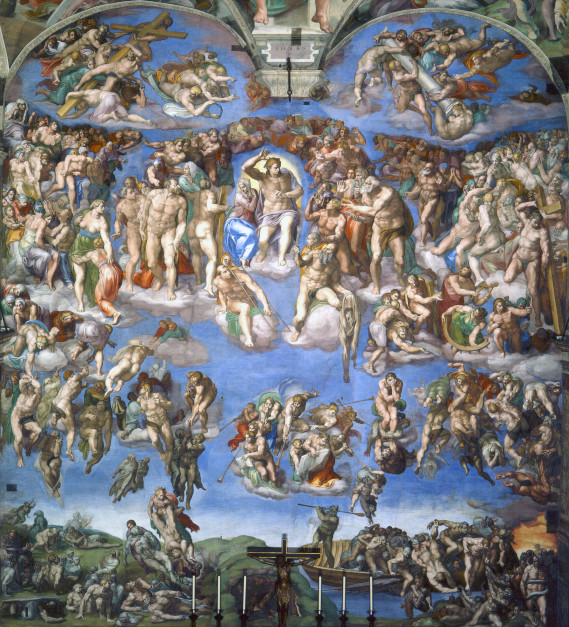 O Juízo Final, obra criada por Michelangelo na Capela Sistina no século XVI. Licença: Michelangelo, Coleção dos Museus do Vaticano / Wikimedia Commons, Coleção dos Museus do Vaticano / CC0 (Domínio público)