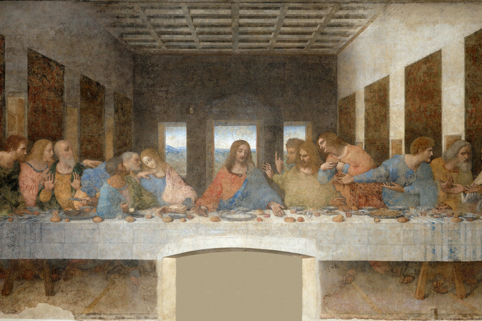 Fresk autorstwa Leonarda da Vinci, Ostatnia Wieczerza, XV wiek, kolekcja Santa Maria delle Grazie, Domena Publiczna via Wikimedia Commons
