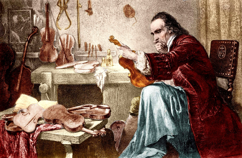 Graphic of Antonio Stradivari examining an instrument from the book What We Hear in Music by Anne Faulkner. Photo: Viktor Bobrov / Wikimedia Commons / CC0 (Public domain)